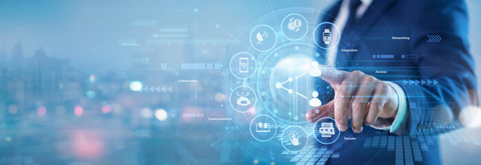 Fototapeta premium Network specialist. Communications coordinator touching Connection And Sharing virtual screen to link global enterprise networks, manage secure data file transfers, and facilitate team collaboration.