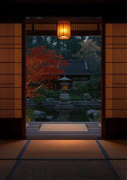Traditional Japanese Washitsu Room at Dusk