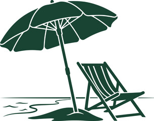 Relaxing beach vacation vector illustration, summer holiday leisure scene, dark green parasol and deck chair on the sand, tranquil seaside getaway graphic isolated on White Background © Ambreen