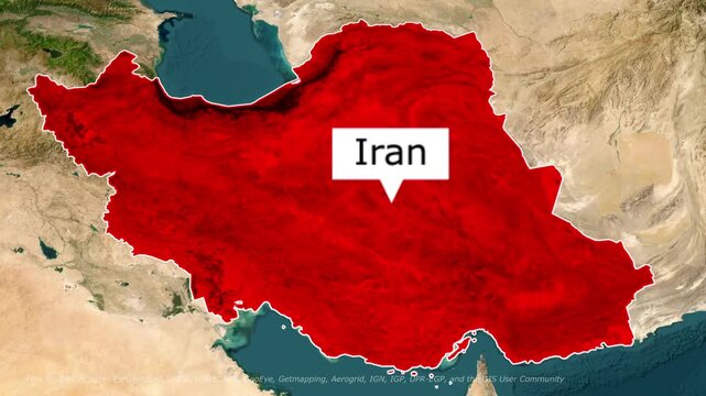 Iran map zoom in animation with red country highlight and location pin on satellite terrain background