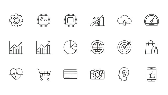 Collection of modern technology and business development icons featuring analytical charts and digital infrastructure symbols in a clean thin line vector format suitable for professional projects