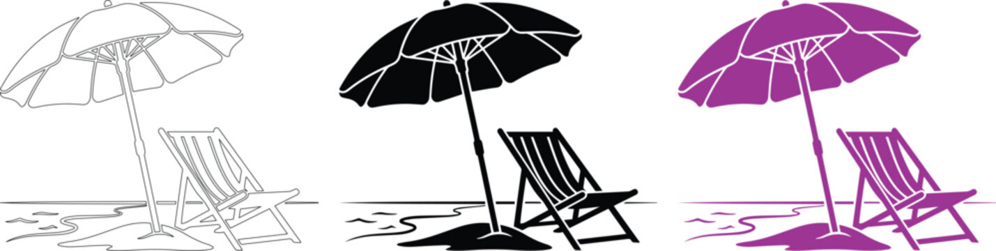 Beach umbrella and deck chair vector set, summer vacation leisure icons, relaxation travel graphic elements, monochrome and purple holiday illustrations isolated on White Background