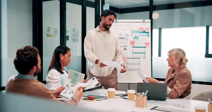 Finance, presentation or team in office with paper, budget analysis or brief on funding strategy. Meeting, people or data analyst with speaker, metric review or forecast plan in investment proposal.