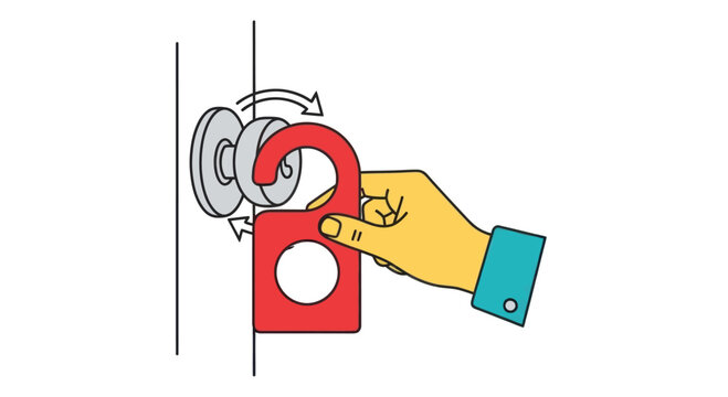 Hand hanging red doorknob sign 'Do Not Disturb' on a hotel door