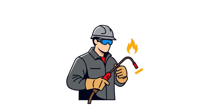 Welder in protective gear with welding torch and flame, industrial illustration