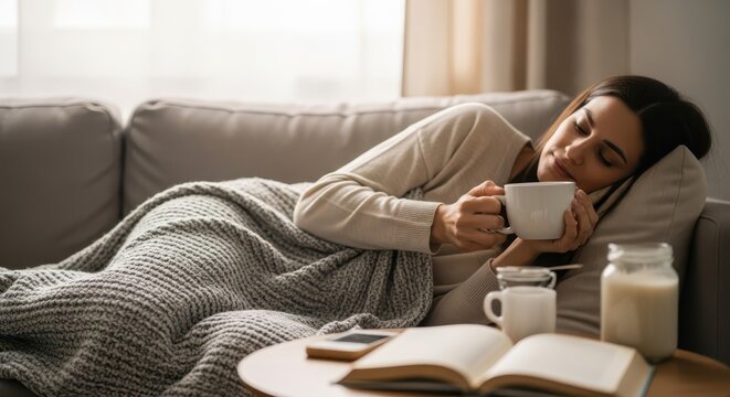 A woman enjoys a warm cup of coffee while relaxing on a cozy couch covered by a thick blanket indoors