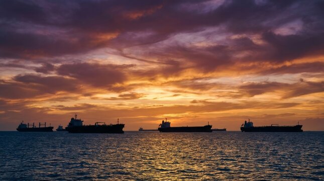 Massive container ships sailing on the ocean at sunset, global logistics and shipping concept