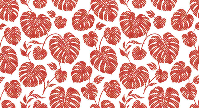 Tropical monstera leaf seamless pattern, vibrant terracotta botanical foliage design, exotic jungle plant vector illustration, nature-inspired textile and wallpaper print isolated on White