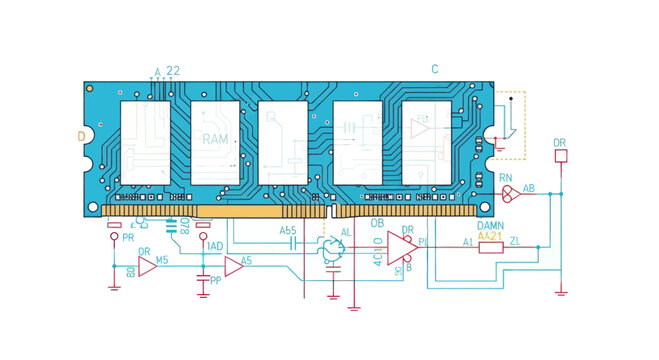 Computer RAM module with electronic circuit diagram overlay, technology concept