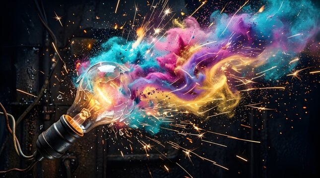 Dynamic Abstract Concept of an Exploding Light Bulb Unleashing a Swirl of Vibrant, Colorful Energy, Symbolizing Creative Innovation and Bright Ideas