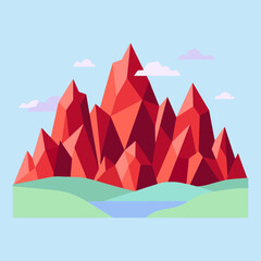A vibrant geometric mountain range stands above a calm blue lake © Lakshmi