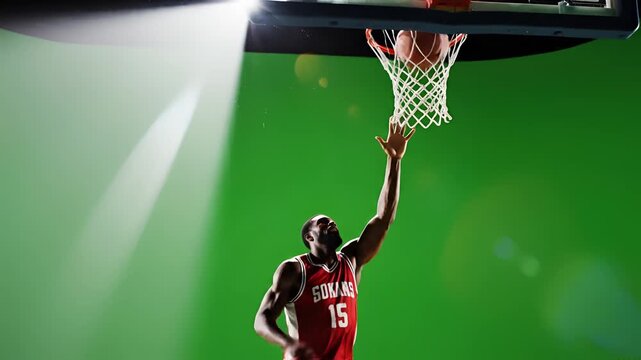 Basketball Player Dunking on Green Screen with Spotlight.
