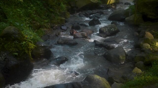 Rushing water flows over rocks and stones in a mountain stream on the island of Java, creating a serene natural environment with lush vegetation