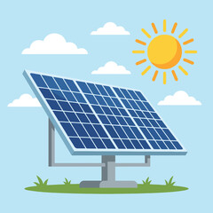 A solar panel stands in a field under a bright sun © Rumi