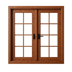 Obraz premium Modern double wooden window frame with glass panes and black handle for residential house design isolated on transparent background