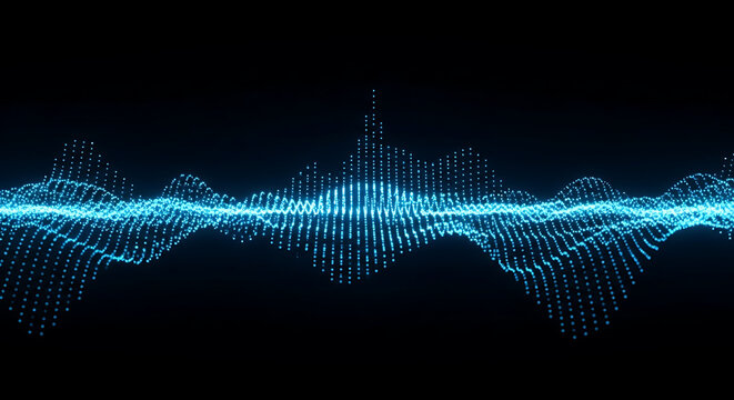 Abstract blue energy wave of glowing particles flowing through dark space, futuristic digital sound frequency with moving light dots and tech visualization for data stream background.