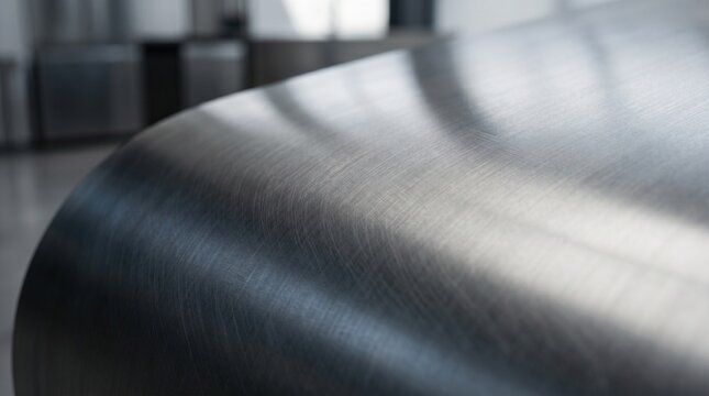 Closeup of a large roll of brushed metal sheet in an industrial setting with blurred background