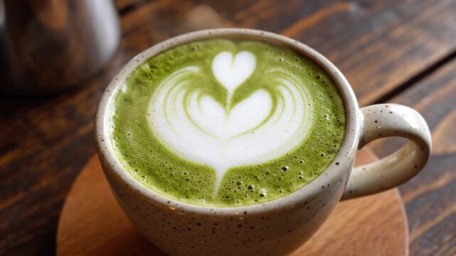 Matcha latte with delicate heart-shaped foam art in a speckled ceramic cup on a wooden table, radiating warmth and calm caf&eacute; aesthetics.