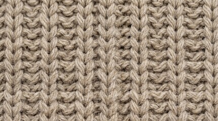 Fototapeta premium Closeup of beige knitted fabric texture with intricate stitch pattern isolated on white background