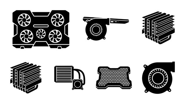 Computer Cooling Components Silhouette Icons, Flat, for PC Hardware Design