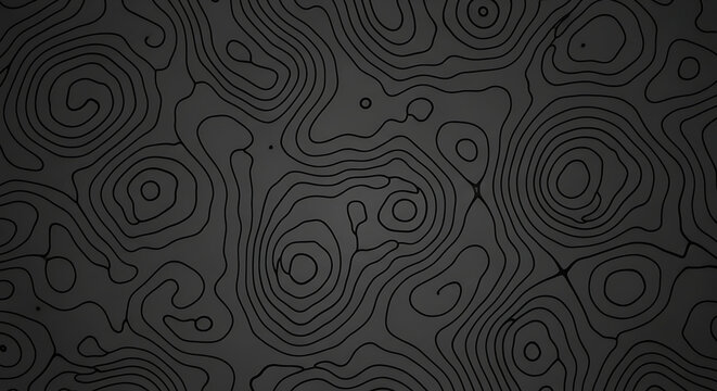 Sophisticated black topographic map line pattern featuring wavy terrain contours on dark charcoal abstract background, elegant minimal geometric design for modern digital textured aesthetic.