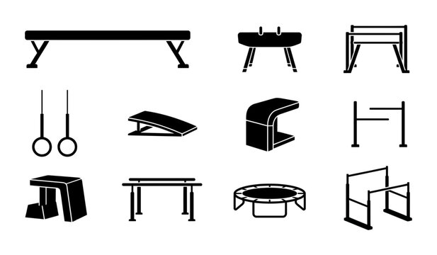 12 Gymnastics Equipment Silhouette Icons for Sports and Fitness