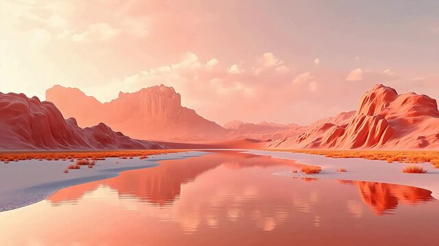 Digital pink orange desert hill mountain range lakeside  background