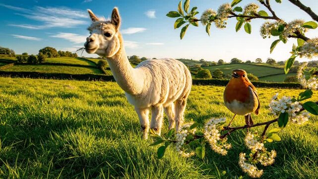 Idyllic pastoral scene featuring a grazing alpaca and a European robin perched on a flowering branch with a blue sky background.
