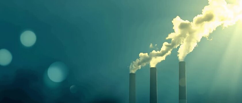 White Smoke Rising From Industrial Factory Chimney Into Bright Blue Sky, Environmental Pollution Scene With Large Fabric Filter Stack and Realistic Industrial Emissions Outdoors During Daylight