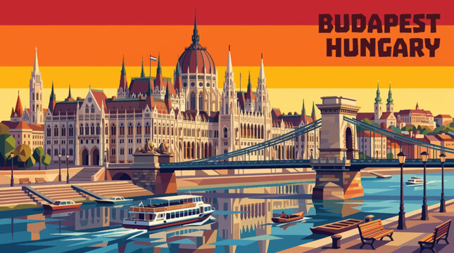 budapest riverfront skyline with parliament historic downtown hungary cartoon vector travel destination