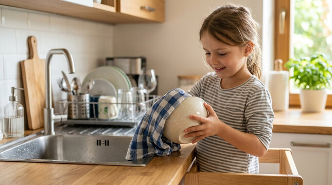 Child drying dishes with towel in sunny kitchen, smiling young girl happily cleaning bowl with blue checkered cloth. Home chores become enjoyable moments for kids in daily life context.