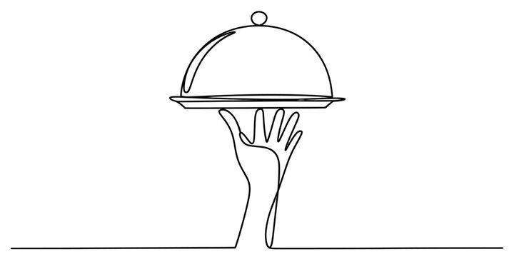 Hand holding a serving tray platter in continuous line art
