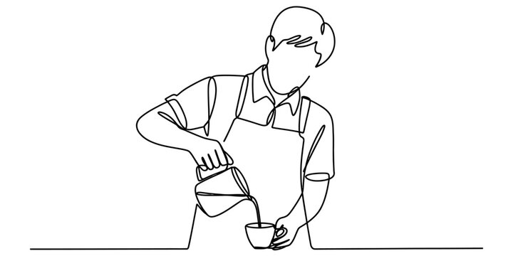 Barista pouring coffee into a cup continuous line drawing