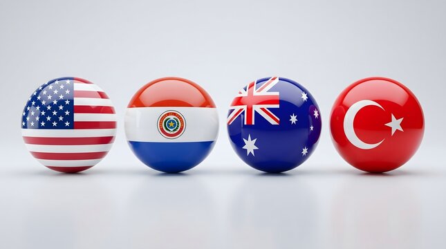 3d spheres with national flags of usa, paraguay, australia and turkey