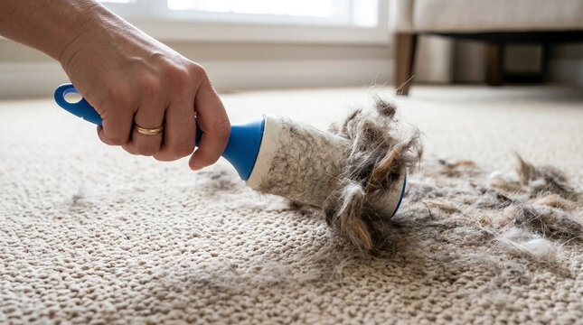 Cleaning carpet with lint roller, removing pet fur and hair from fabric surface. Lint roller effectively lifts dirt and pet hair for a cleaner home. Ideal for maintaining cleanliness in daily life.