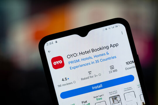 Dhaka, Bangladesh - April 28, 2026: OYO app page on Google Play Store displayed on a smartphone.