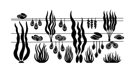 Black and White Illustration of Underwater Plants and Shellfish Farm © dasha