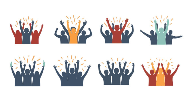 Celebration and Victory Icons: Diverse Groups Cheering with Arms Raised