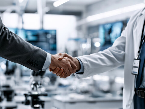 Two professionals shaking hands inside a modern laboratory filled with advanced equipment and technology Generative AI