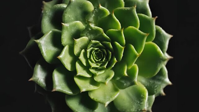 Closeup overhead view of a vibrant green succulent plants geometric rosette pattern.