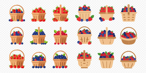 Collection of various berry baskets with fresh blueberries, raspberries, and strawberries, perfect for harvest and healthy eating concepts. © Akun
