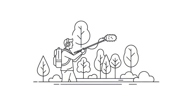 Sound Recordist Capturing Nature Sounds in Forest with Boom Microphone