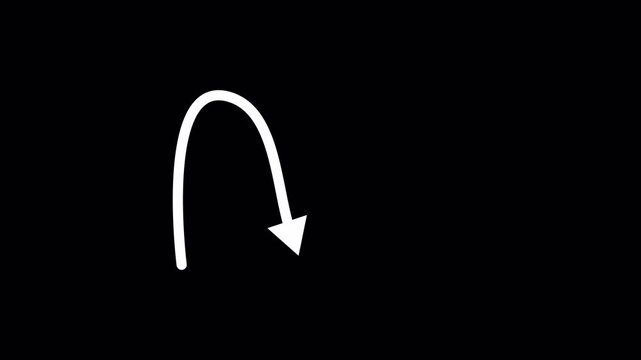 Animated white curved arrow with smooth wave trajectory pointing upward isolated on black background, 4K video