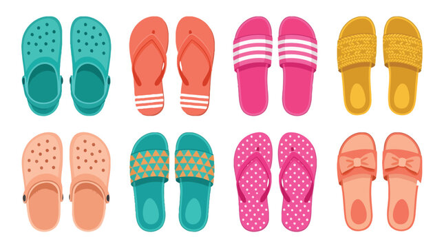 Colorful collection of flat summer sandals and clogs in a vibrant vector graphic design style