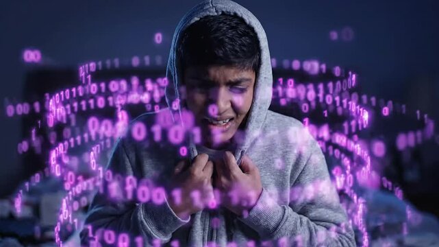 Young man experiencing severe panic attack and anxiety from digital information overload. Surrounded by binary code, representing technology pressure and mental health distress in youth.
