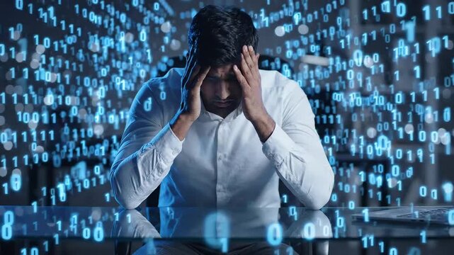 Man experiencing panic attack and information overload at office desk. Technology pressure causing digital stress and mental burnout in corporate environment.