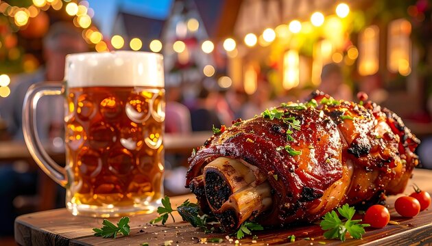 Roasted pork knuckle with beer outdoors.