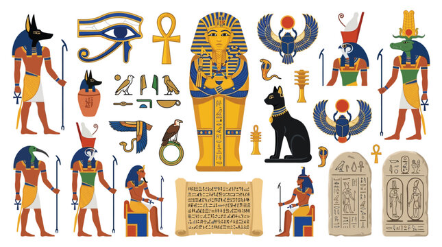 Flat vector illustration set featuring iconic ancient egyptian gods and symbols for professional graphic design projects