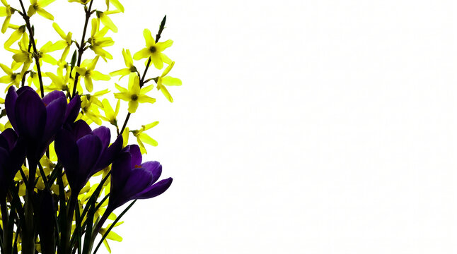 Deep purple crocus and yellow forsythia twigs on the left of a white background with wide right copy space