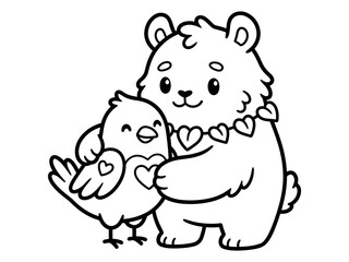 Friendly cartoon bear cub hugging a small cute bird outline coloring book page vector illustration for preschool kids © Akunji Turza